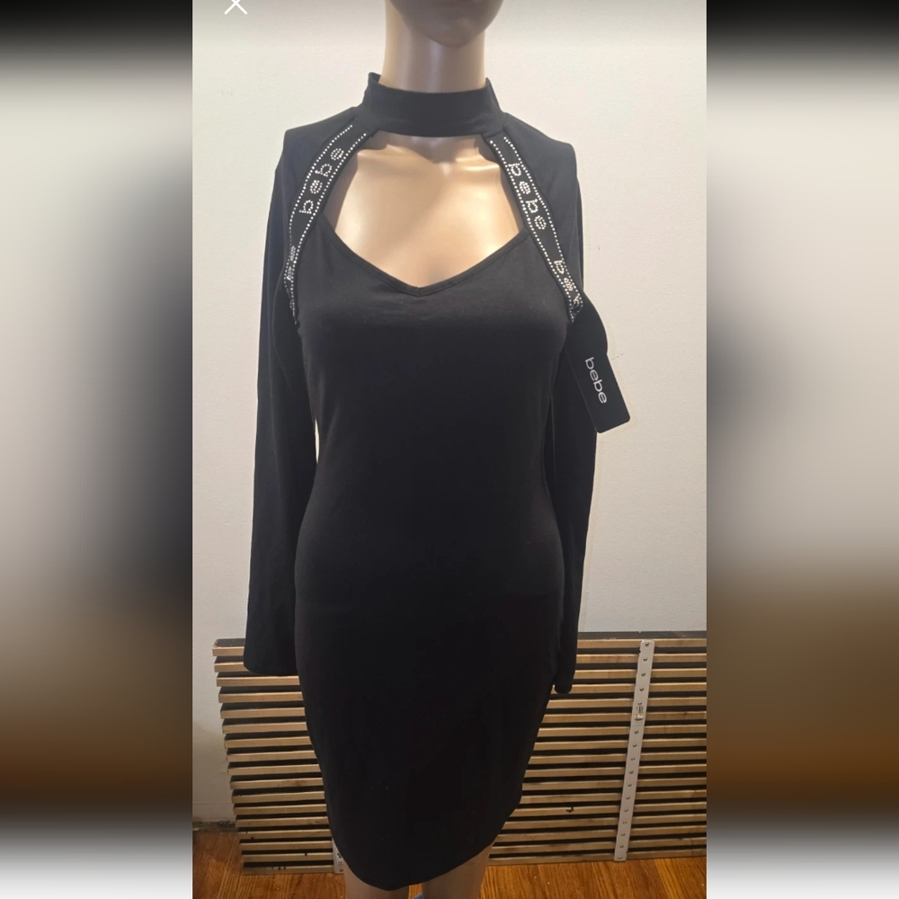 bebe Black Long Sleeve Cutout Bodycon Dress with Crystal Embelished Trim - Small